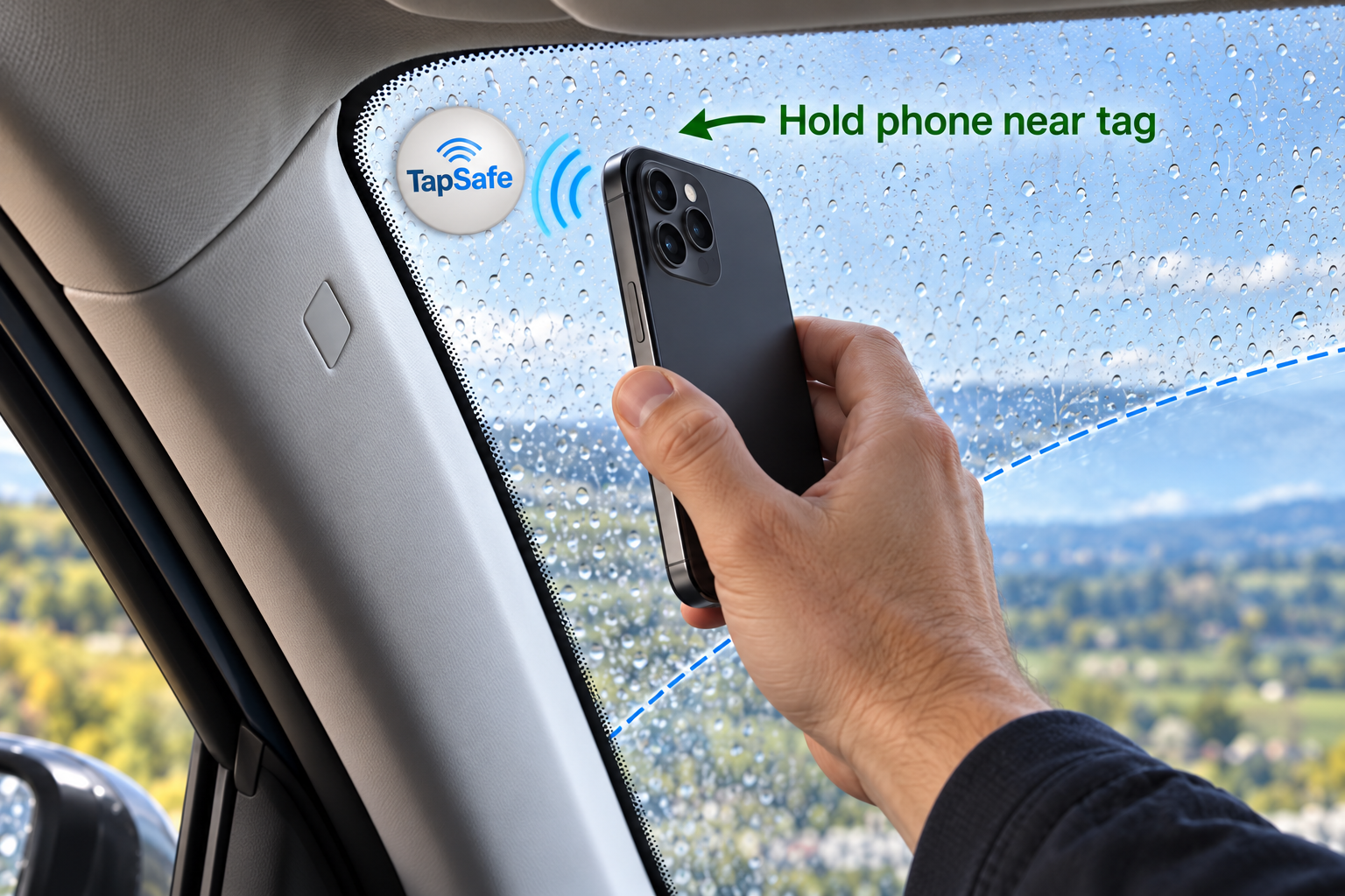A phone scanning a correctly fitted TapSafe NFC tag